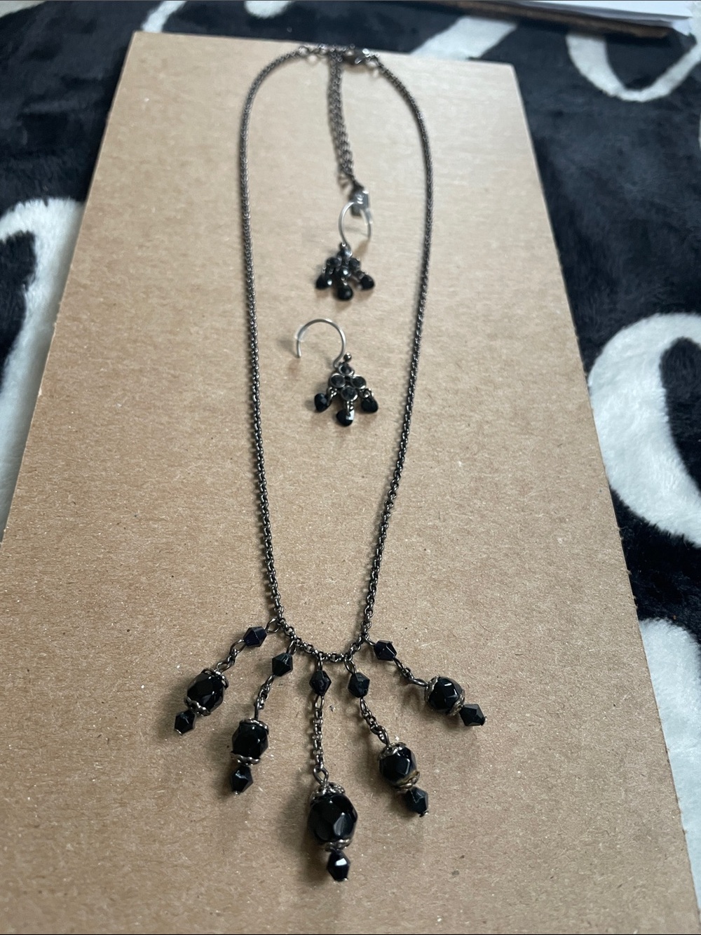 Vintage 1928 Jewelry Women's Black Beaded Drop Necklace and Earring Set